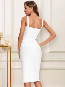 Solid Zip Back Midi Bandage Dress - White - View 2
