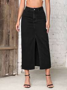 SHEIN Frenchy High Waist Split Thigh Denim Skirt Winter Black Casual Black Spring - Black - View 3