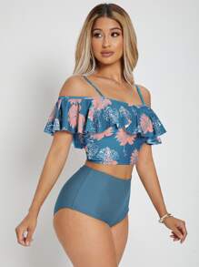 Conjunto de bikini de cintura alta con estampado floral y volantes, para playa de verano - Multicolor - Ver 1