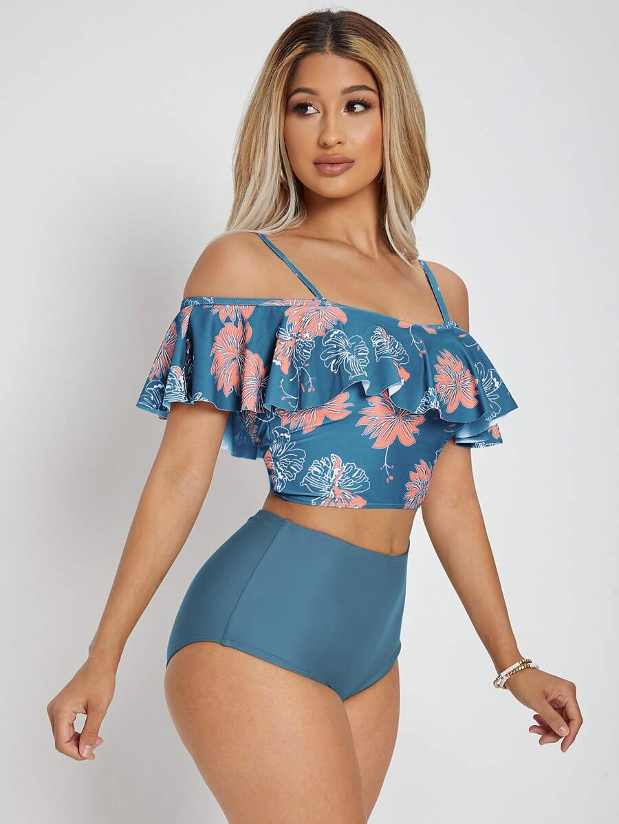 Conjunto de bikini de cintura alta con estampado floral y volantes, para playa de verano - Multicolor - Ver 1