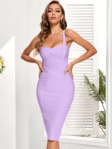 Zip Back Solid Bandage Dress - Lilac Purple - View 2