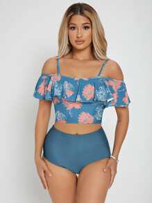 Conjunto de bikini de cintura alta con estampado floral y volantes, para playa de verano - Multicolor - Ver 3