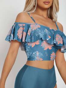 Conjunto de bikini de cintura alta con estampado floral y volantes, para playa de verano - Multicolor - Ver 4