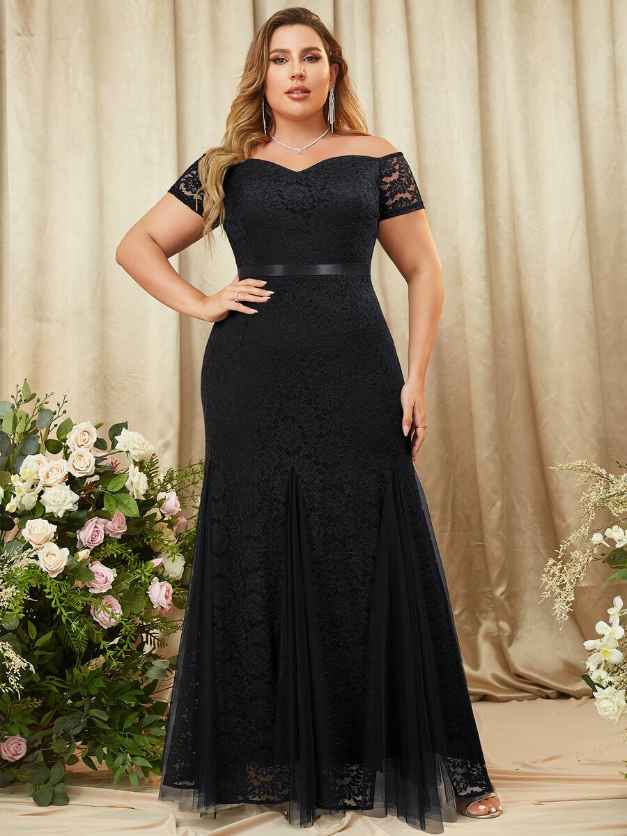 MIUSOL Hơn Tắt vai Toàn Lace Nàng tiên cá Hem - màu đen - Xem 1