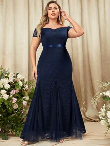 MIUSOL Plus Off The Shoulder Full Lace Mermaid Hem Evening Party Maxi Formal Gown - Navy Blue - View 3