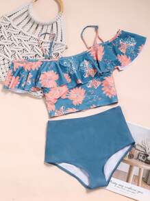 Conjunto de bikini de cintura alta con estampado floral y volantes, para playa de verano - Multicolor - Ver 5