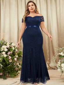 MIUSOL Plus Off The Shoulder Full Lace Mermaid Hem Evening Party Maxi Formal Gown - Navy Blue - View 4