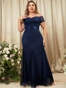 MIUSOL Plus Off The Shoulder Full Lace Mermaid Hem Evening Party Maxi Formal Gown - Navy Blue - View 5