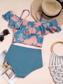 Conjunto de bikini de cintura alta con estampado floral y volantes, para playa de verano - Multicolor - Ver 6