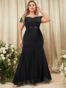 MIUSOL Hơn Tắt vai Toàn Lace Nàng tiên cá Hem - màu đen - Xem 3