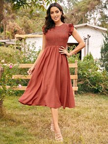 SHEIN Clasi Shirred Bodice Ruffle Trim Dress - Redwood - View 8