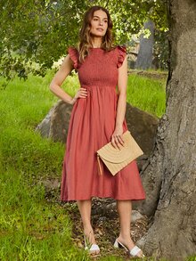 SHEIN Clasi Shirred Bodice Ruffle Trim Dress - Redwood - View 9