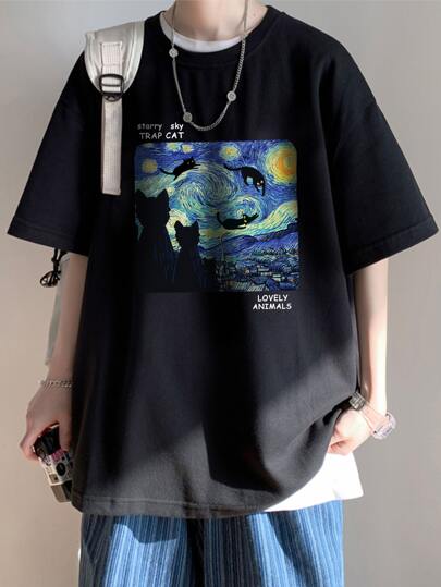 Camiseta oversize de hombre con estampado de pintura al óleo y gráfico de letras con hombros caídos