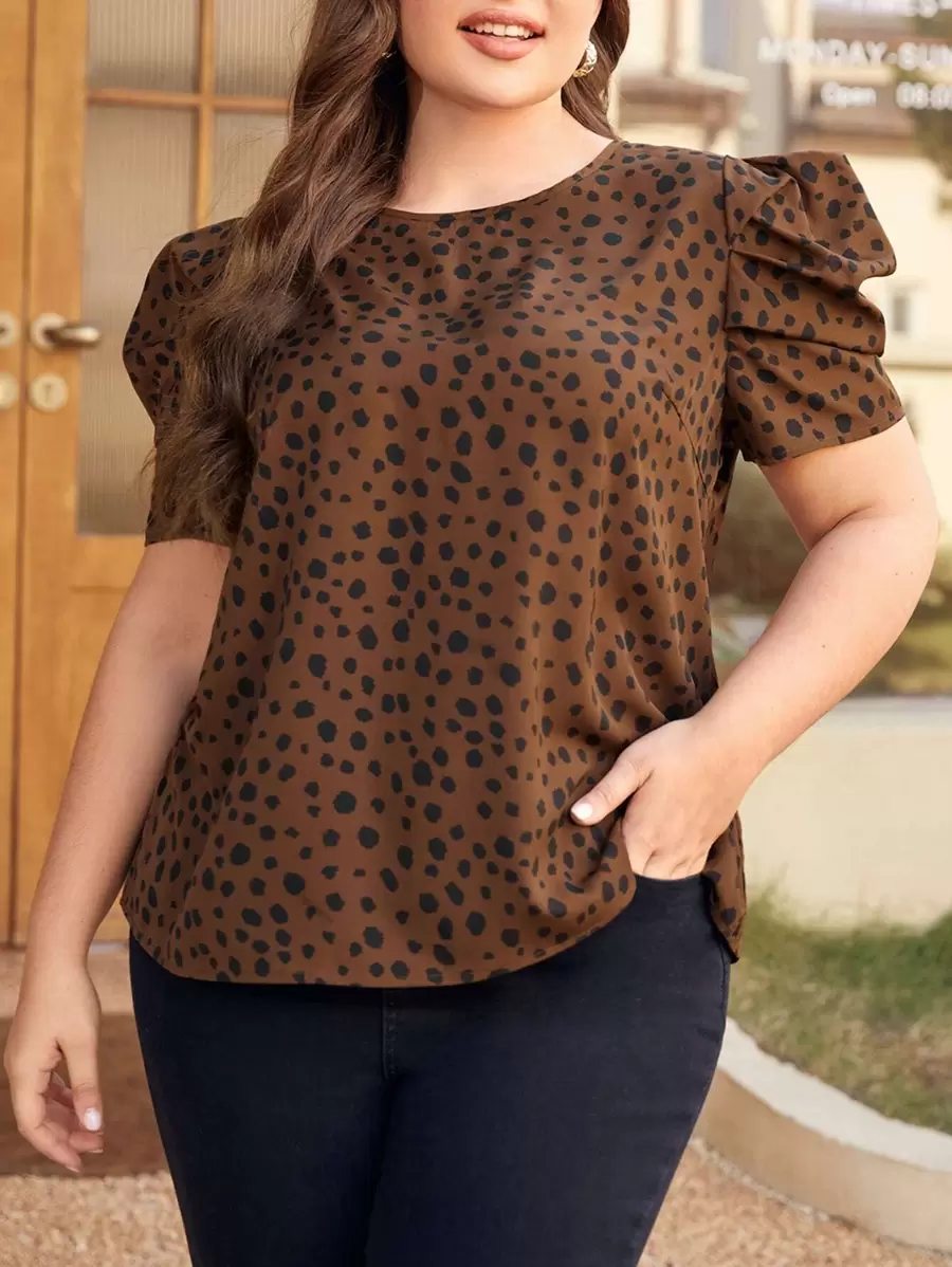 SHEIN Clasi Blusa con estampado de lunares de manga farol - Café integral - Ver 1