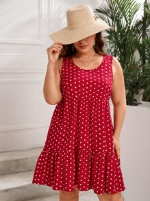 SHEIN VCAY Đầm Plus Size Viên lá sen Chấm bi Dễ thương - Đỏ - Xem 7