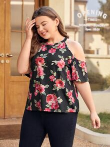SHEIN Clasi Camiseta con estampado floral de hombros descubiertos - Multicolor - Ver 3