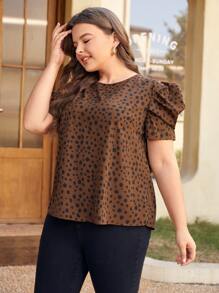 SHEIN Clasi Blusa con estampado de lunares de manga farol - Café integral - Ver 5