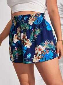 SHEIN VCAY 大碼熱帶圖案紙袋腰短褲 - 彩色 - 查看 4