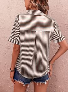 SHEIN LUNE Vertical Striped Batwing Sleeve Shirt - Apricot - View 2