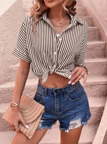 SHEIN LUNE Vertical Striped Batwing Sleeve Shirt - Apricot - View 4