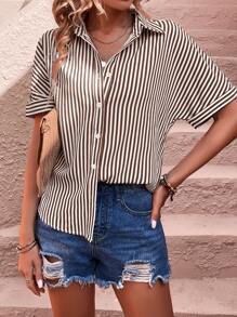 SHEIN LUNE Vertical Striped Batwing Sleeve Shirt - Apricot - View 5