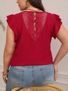 SHEIN Frenchy Plus Contrast Lace Butterfly Sleeve Blouse - Red - View 1