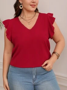 SHEIN Frenchy Plus Contrast Lace Butterfly Sleeve Blouse - Red - View 2