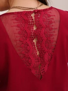SHEIN Frenchy Plus Contrast Lace Butterfly Sleeve Blouse - Red - View 3