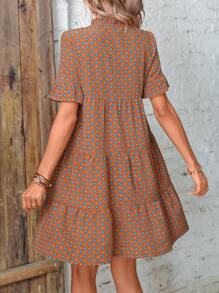 SHEIN LUNE Geo Print Tie Neck Ruffle Hem Smock Dress - Rust Brown - View 2