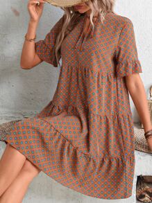 SHEIN LUNE Geo Print Tie Neck Ruffle Hem Smock Dress - Rust Brown - View 3