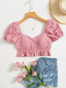 SHEIN VCAY Puff Sleeve Ruffle Hem Crop Blouse - Pink - View 1