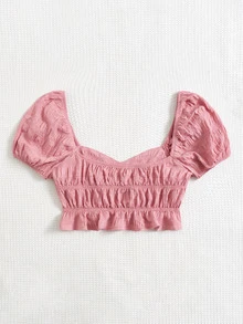SHEIN VCAY Puff Sleeve Ruffle Hem Crop Blouse - Pink - View 2