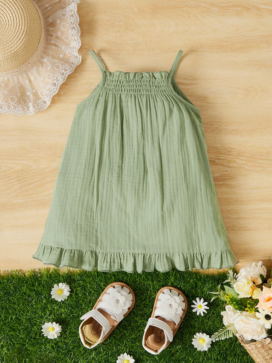 SHEIN 嬰兒素色荷葉邊吊帶連衣裙 - 薄荷綠 - 查看 1