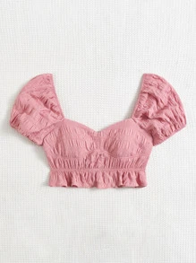 SHEIN VCAY Puff Sleeve Ruffle Hem Crop Blouse - Pink - View 5
