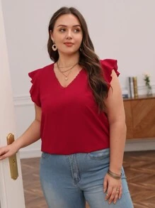 SHEIN Frenchy Plus Contrast Lace Butterfly Sleeve Blouse - Red - View 4