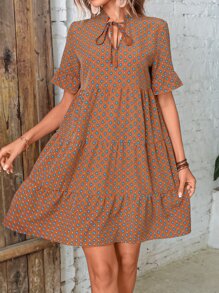 SHEIN LUNE Geo Print Tie Neck Ruffle Hem Smock Dress - Rust Brown - View 6