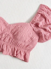 SHEIN VCAY Puff Sleeve Ruffle Hem Crop Blouse - Pink - View 6