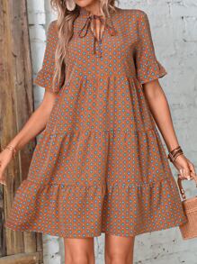 SHEIN LUNE Geo Print Tie Neck Ruffle Hem Smock Dress - Rust Brown - View 7