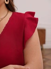SHEIN Frenchy Plus Contrast Lace Butterfly Sleeve Blouse - Red - View 5