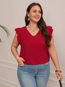 SHEIN Frenchy Plus Contrast Lace Butterfly Sleeve Blouse - Red - View 6