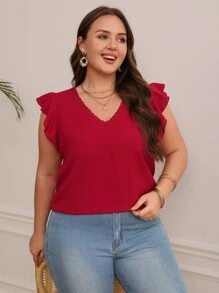 SHEIN Frenchy Plus Contrast Lace Butterfly Sleeve Blouse - Red - View 8