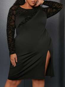 SHEIN CURVE+ Plus Geo Mesh Sleeve Split Thigh Dress - Black - View 1