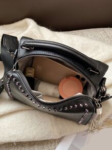 时尚百搭手提包，独特设计，纯色流苏铆钉波士顿包，优雅斜挎包，简约休闲宽肩带单肩包，适合通勤、外出、约会和购物。 - 黑色 - 查看 7