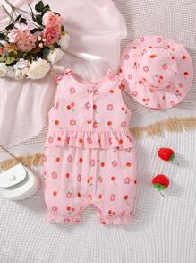 嬰兒櫻桃和桃子印花荷葉邊半排扣連身短褲 - 粉色 - 查看 1