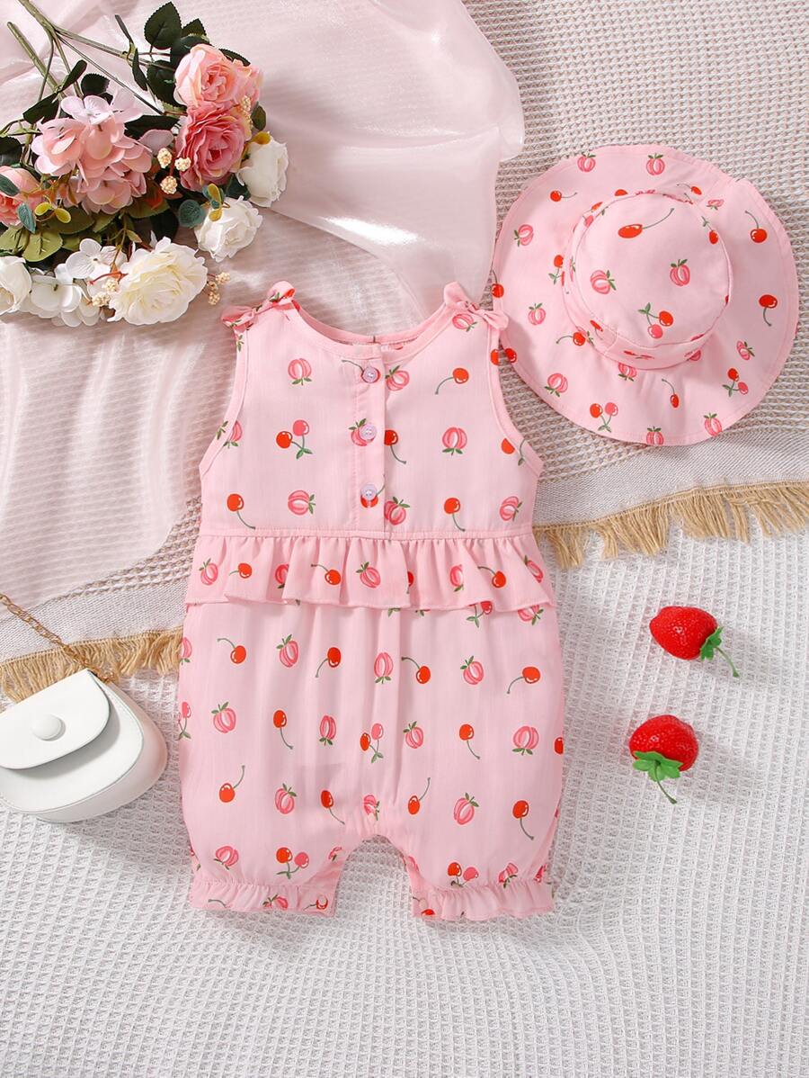 嬰兒櫻桃和桃子印花荷葉邊半排扣連身短褲 - 粉色 - 查看 1