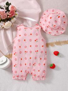 嬰兒櫻桃和桃子印花荷葉邊半排扣連身短褲 - 粉色 - 查看 2