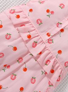 嬰兒櫻桃和桃子印花荷葉邊半排扣連身短褲 - 粉色 - 查看 3