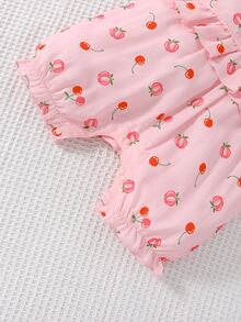 嬰兒櫻桃和桃子印花荷葉邊半排扣連身短褲 - 粉色 - 查看 5