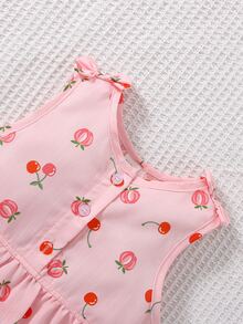 嬰兒櫻桃和桃子印花荷葉邊半排扣連身短褲 - 粉色 - 查看 6