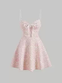 SHEIN MOD Dragkedja Famsida Knut Pärlor Blommig Boho Klänning - Babyrosa - Visa 1